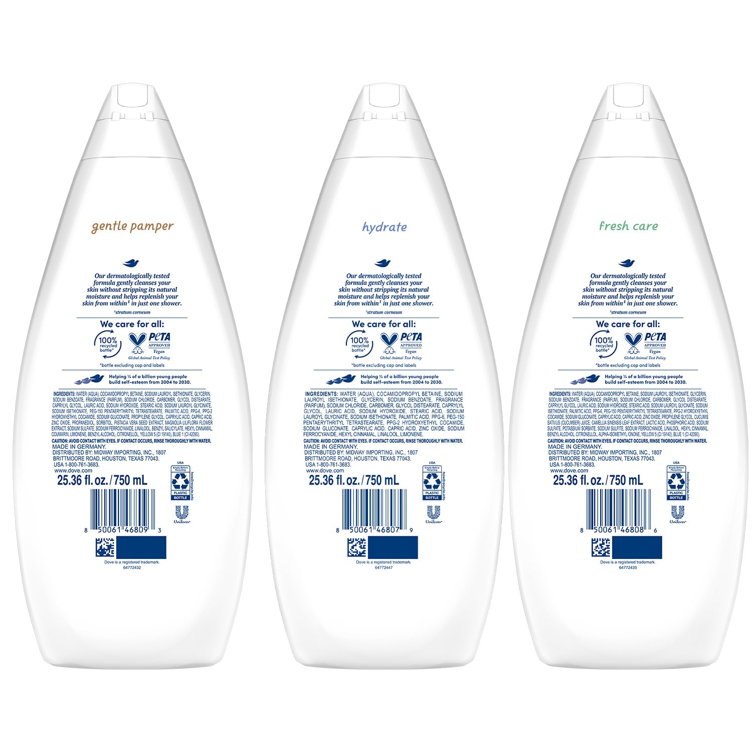 Dove Body Wash Value-Size Variety 3-Pack – Hydrate, Fresh Care, and Gentle Pamper, 25.36 Oz Ea